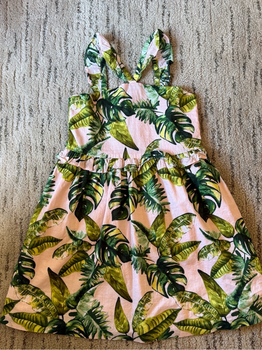 Janie and Jack Pink Dress with Green Tropical Leaf Trim
